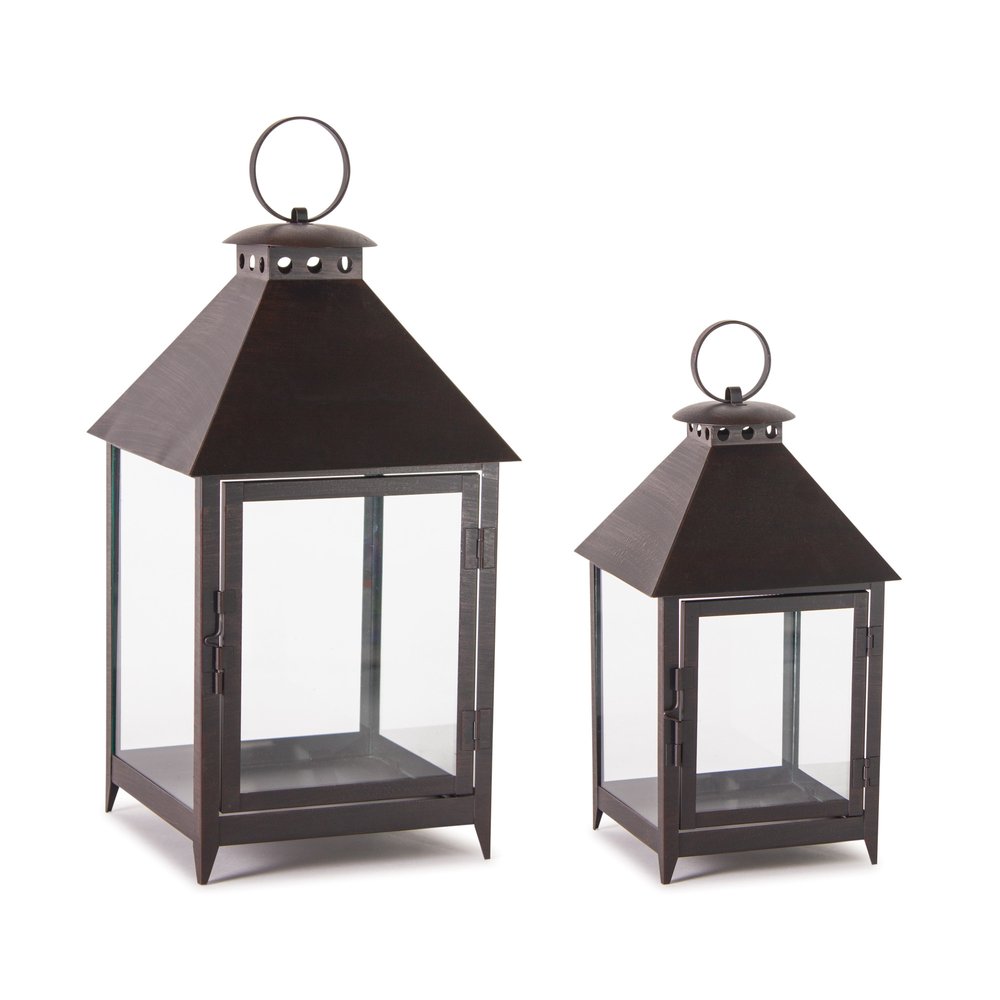 Set of Two Black Geometric Iron And Glass Floor Lantern Candle Holders  Warm Home View