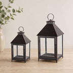 Set of Two Black Geometric Iron And Glass Floor Lantern Candle Holders  Warm Home View