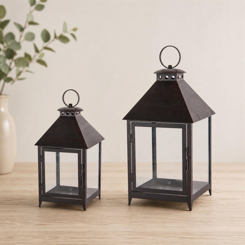 Set of Two Black Geometric Iron And Glass Floor Lantern Candle Holders  Warm Home View