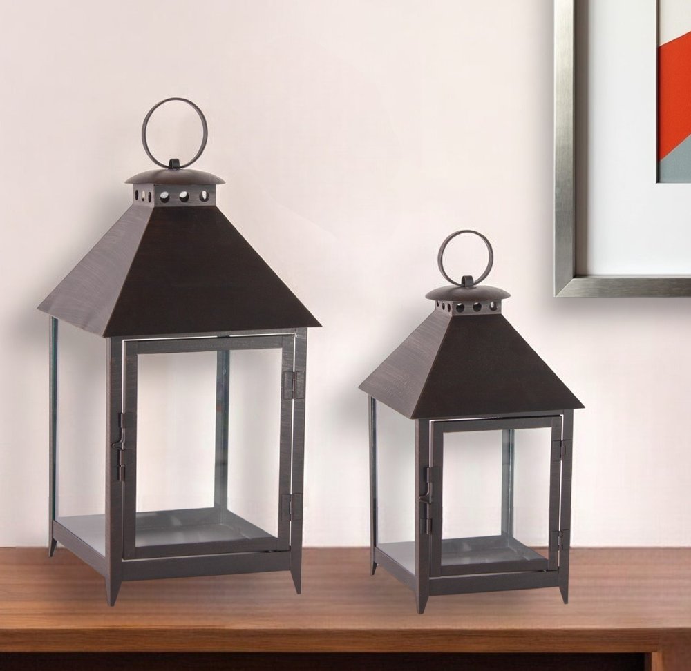 Set of Two Black Geometric Iron And Glass Floor Lantern Candle Holders  Warm Home View