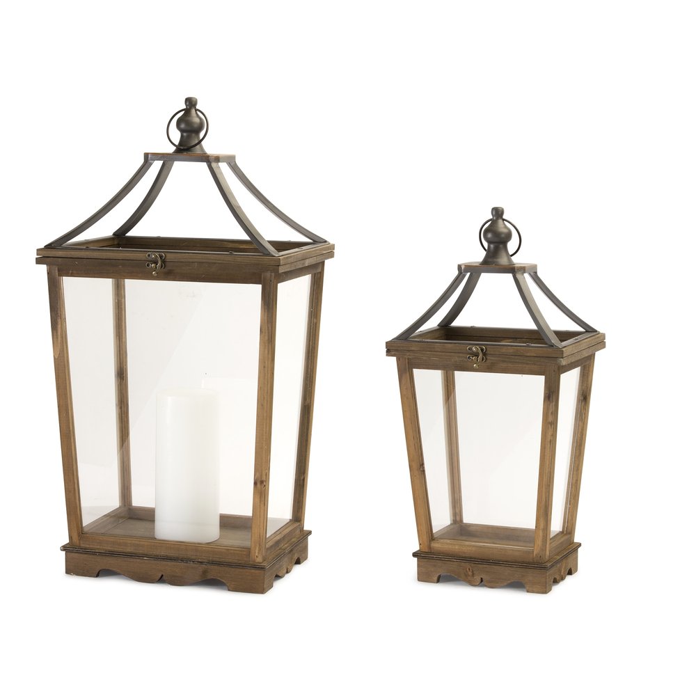 Set of Two Brown Distressed Geometric Wood And Metal Floor Lantern Candle Holders  Warm Home View
