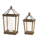 Set of Two Brown Distressed Geometric Wood And Metal Floor Lantern Candle Holders  Warm Home View