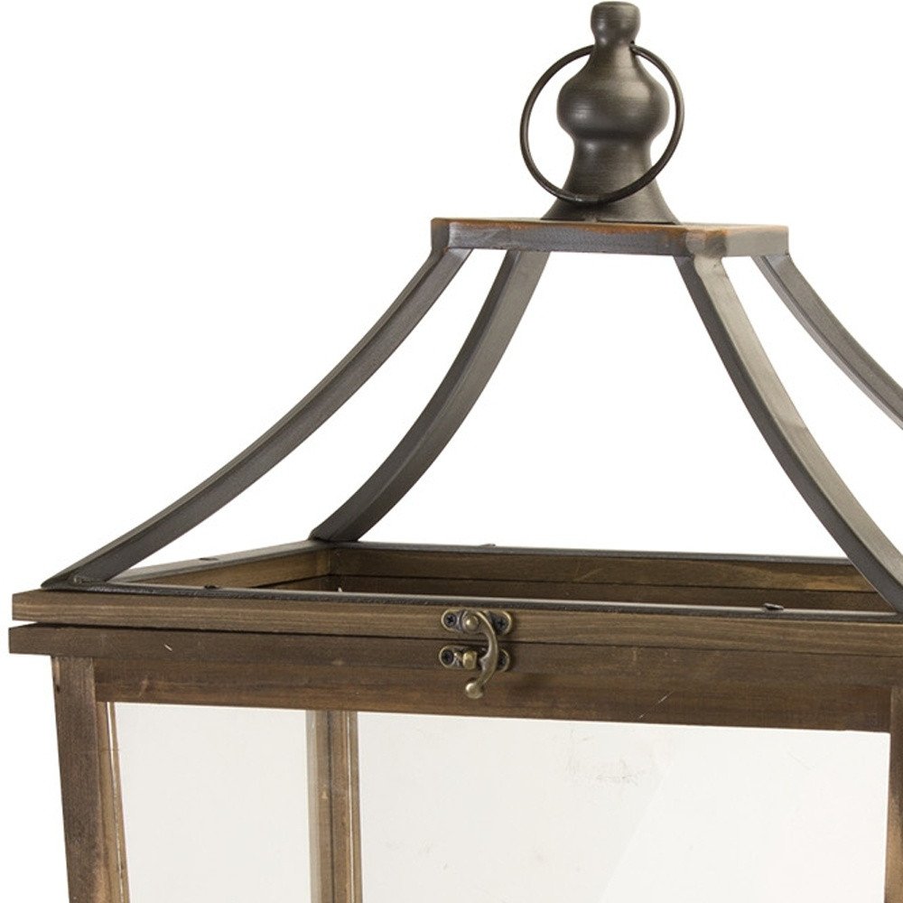 Set of Two Brown Distressed Geometric Wood And Metal Floor Lantern Candle Holders  Warm Home View