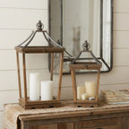Set of Two Brown Distressed Geometric Wood And Metal Floor Lantern Candle Holders  Warm Home View