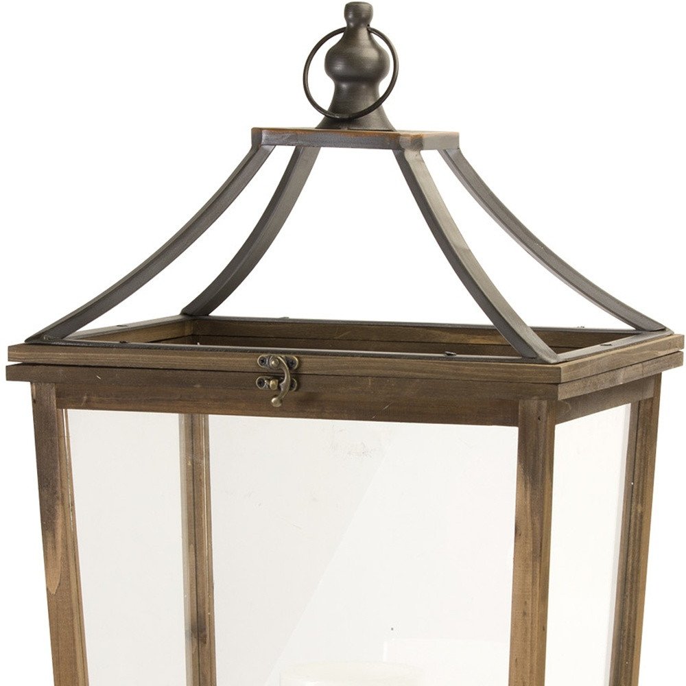 Set of Two Brown Distressed Geometric Wood And Metal Floor Lantern Candle Holders  Warm Home View
