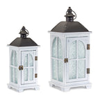 Set of Two White And Black Distressed Ornate Glass Wood And Metal Floor Lantern Candle Holders  Warm Home View