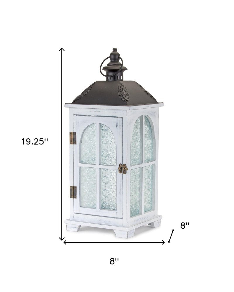 Set of Two White And Black Distressed Ornate Glass Wood And Metal Floor Lantern Candle Holders  Warm Home View