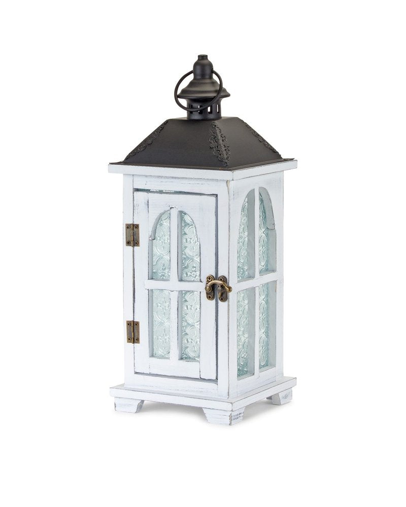 Set of Two White And Black Distressed Ornate Glass Wood And Metal Floor Lantern Candle Holders  Warm Home View