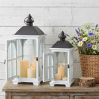 Set of Two White And Black Distressed Ornate Glass Wood And Metal Floor Lantern Candle Holders  Warm Home View