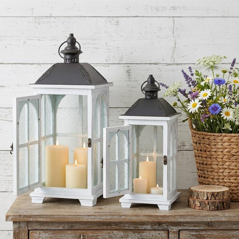 Set of Two White And Black Distressed Ornate Glass Wood And Metal Floor Lantern Candle Holders  Warm Home View