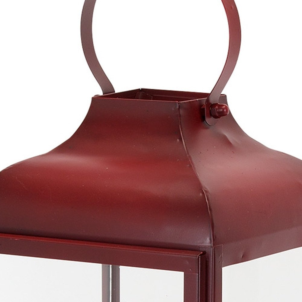 Set of Two Red Distressed Iron Floor Lantern Candle Holders  Warm Home View