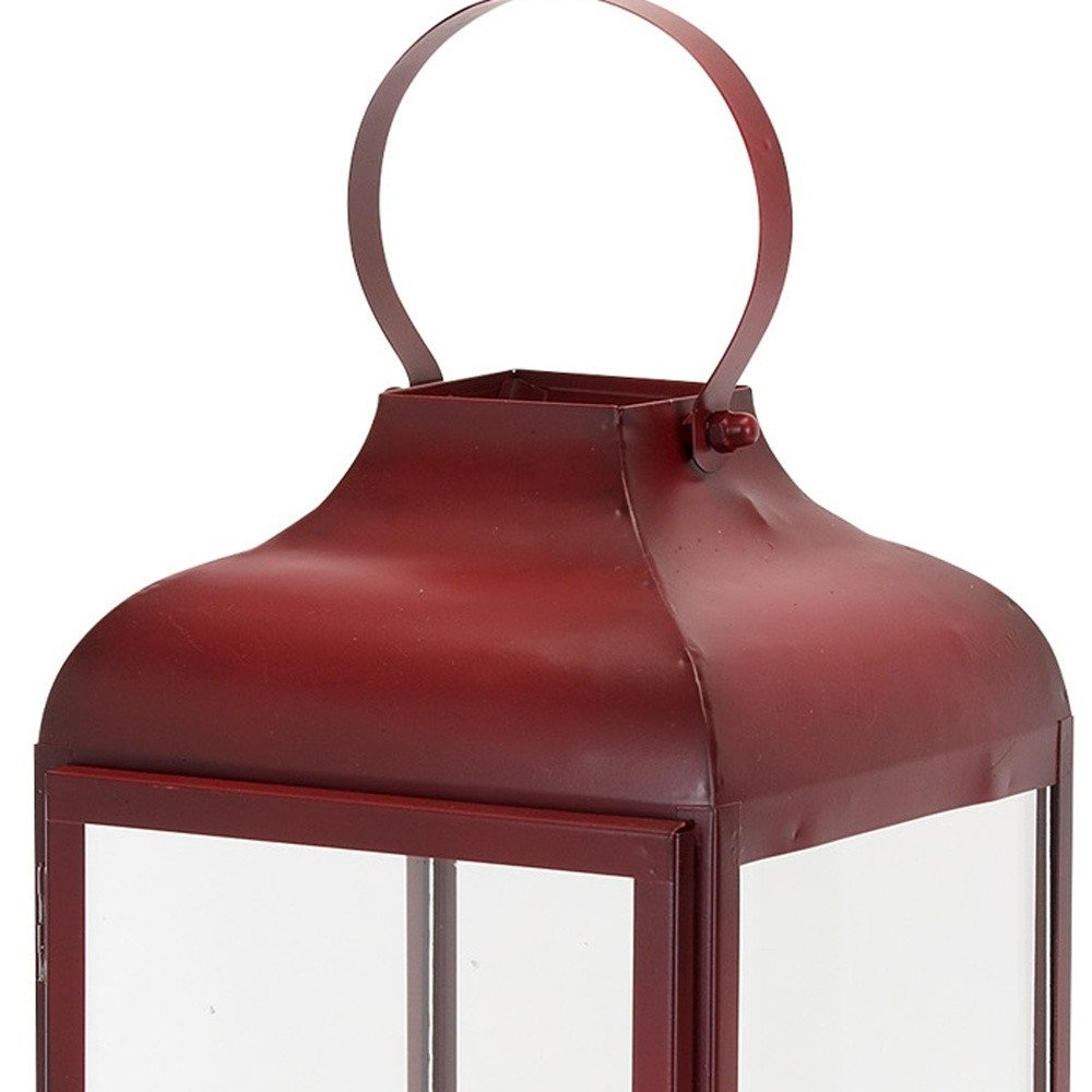 Set of Two Red Distressed Iron Floor Lantern Candle Holders  Warm Home View