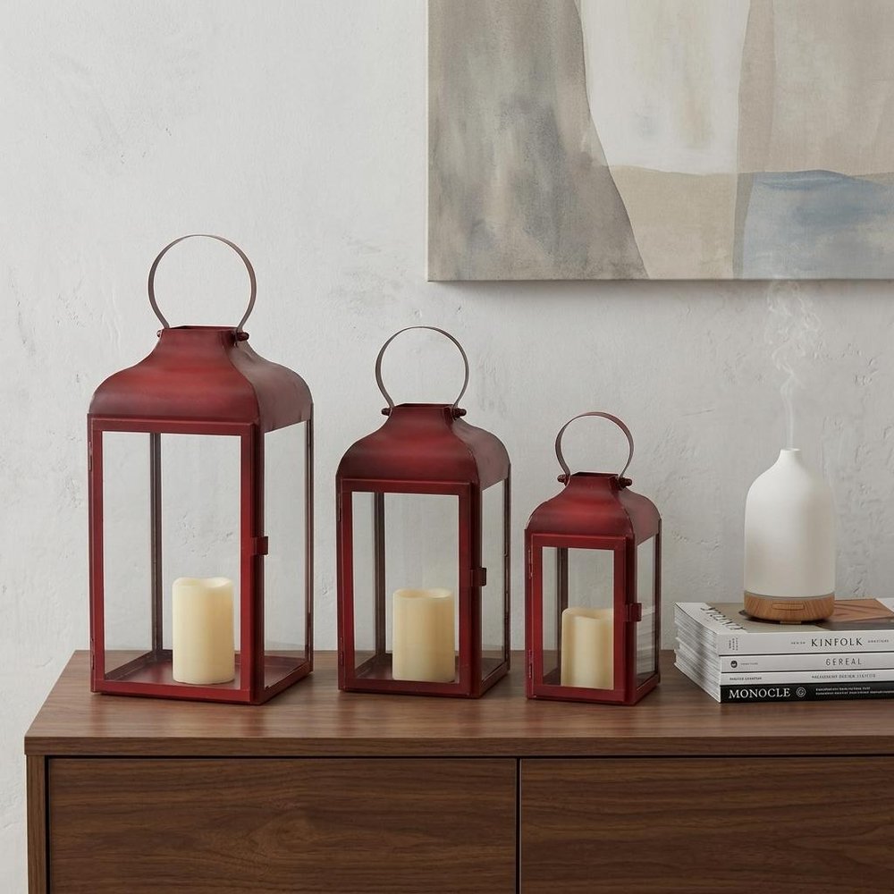 Set of Two Red Distressed Iron Floor Lantern Candle Holders  Warm Home View