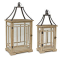 Set of Two Brown And Black Distressed Geometric Wood And Metal Tabletop Lantern Candle Holders  Warm Home View