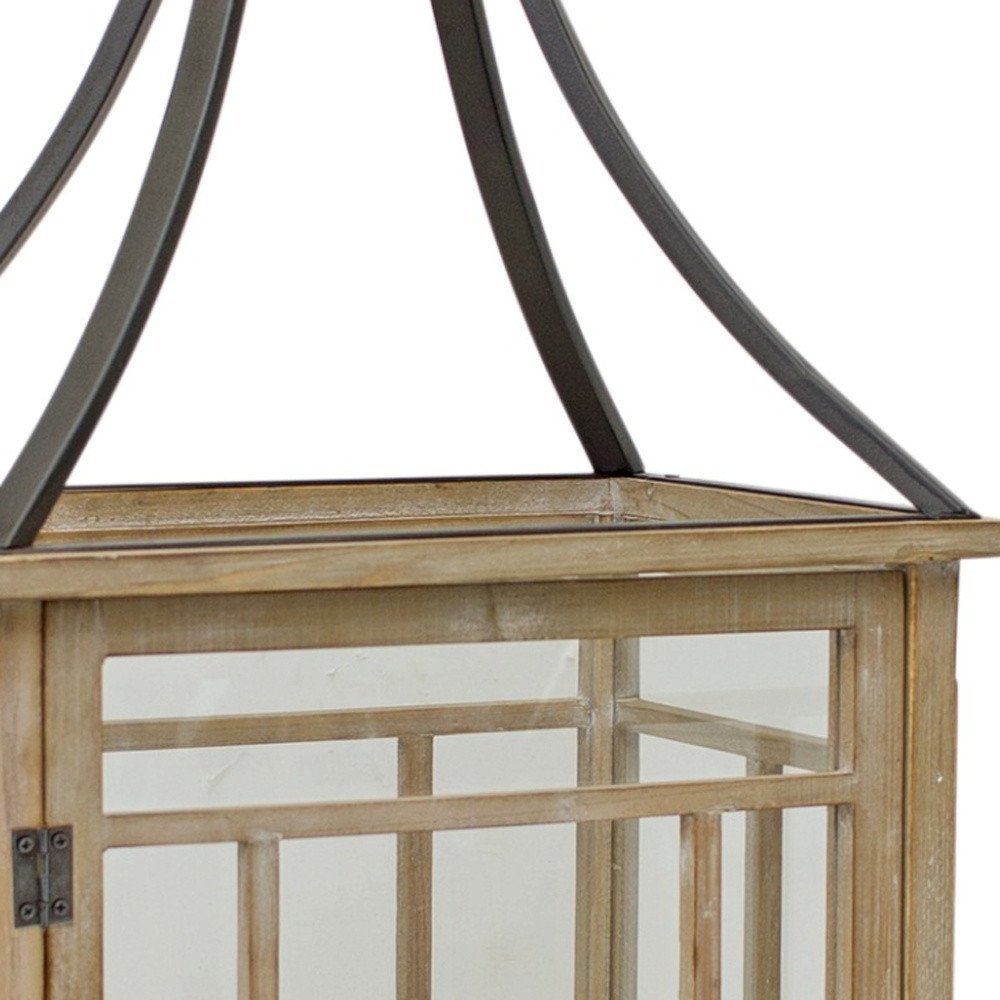 Set of Two Brown And Black Distressed Geometric Wood And Metal Tabletop Lantern Candle Holders  Warm Home View