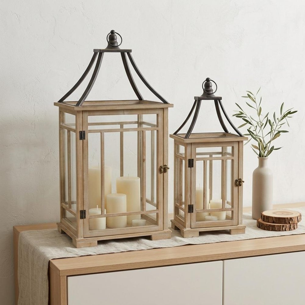 Set of Two Brown And Black Distressed Geometric Wood And Metal Tabletop Lantern Candle Holders  Warm Home View