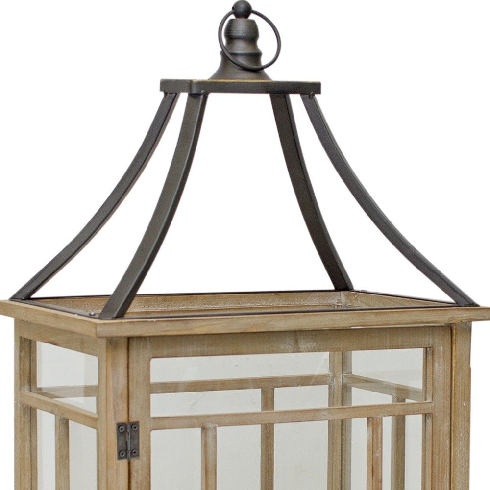 Set of Two Brown And Black Distressed Geometric Wood And Metal Tabletop Lantern Candle Holders  Warm Home View