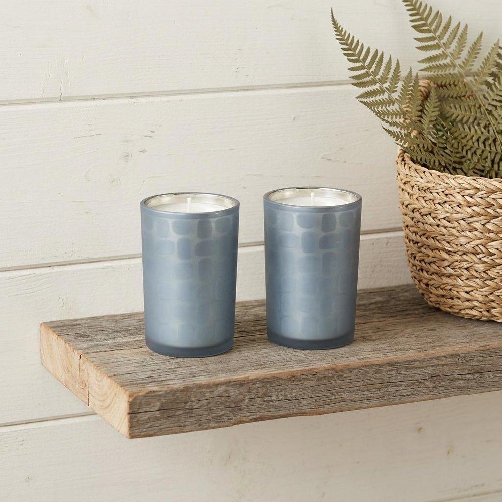 Set of Two Navy Blue Abstract Glass Tabletop Tealight Candle Holders  Warm Home View