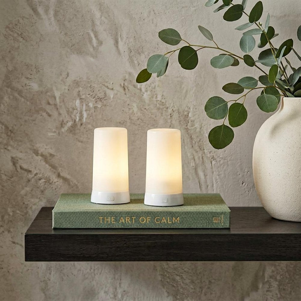 Set of Two White Flameless Pillar Candles  Warm Home View