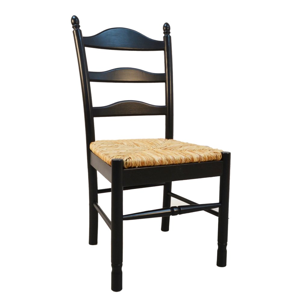 Straw and Black Solid Wood and Rush Ladder Back Dining Side Chair  Warm Home View