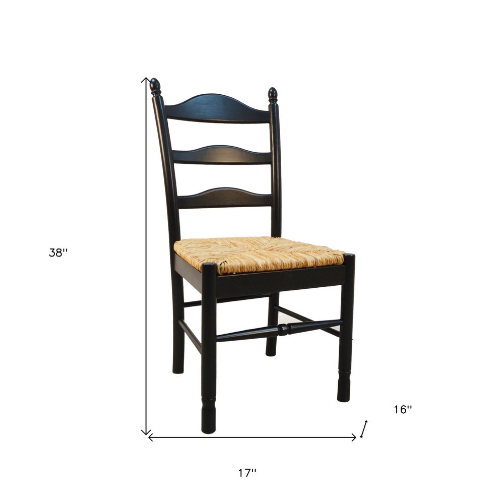 Straw and Black Solid Wood and Rush Ladder Back Dining Side Chair  Warm Home View