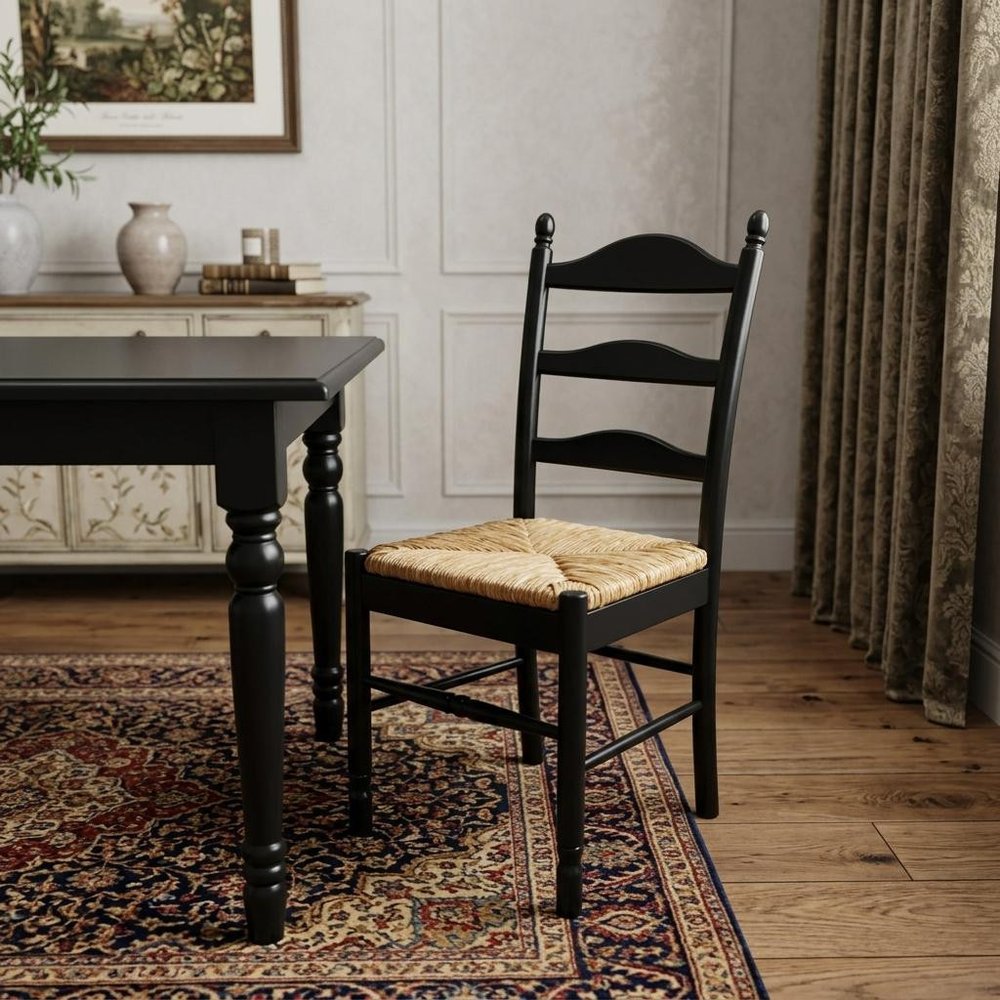 Straw and Black Solid Wood and Rush Ladder Back Dining Side Chair  Warm Home View