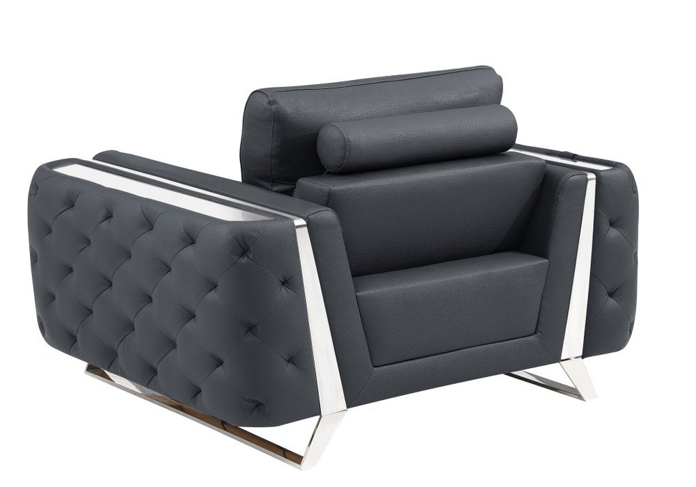 50" Dark Gray And Silver Faux Leather Tufted Club Chair  Warm Home View