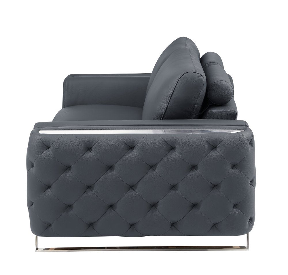50" Dark Gray And Silver Faux Leather Tufted Club Chair  Warm Home View