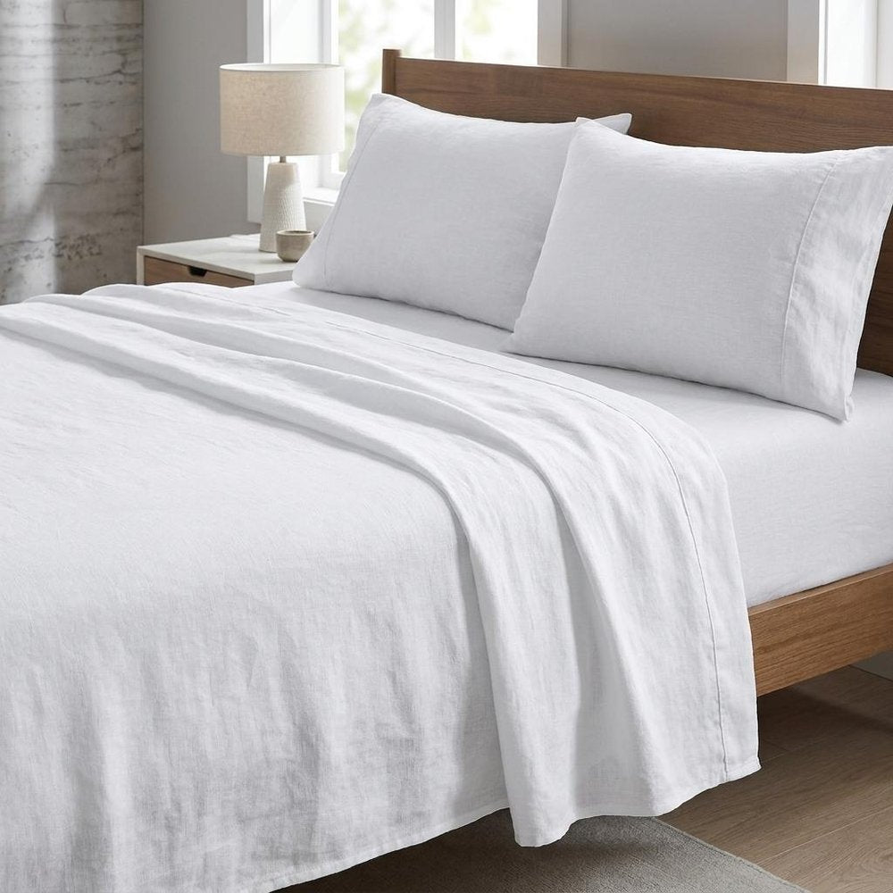 Four Piece White Linen Queen Sheet Set  Warm Home View