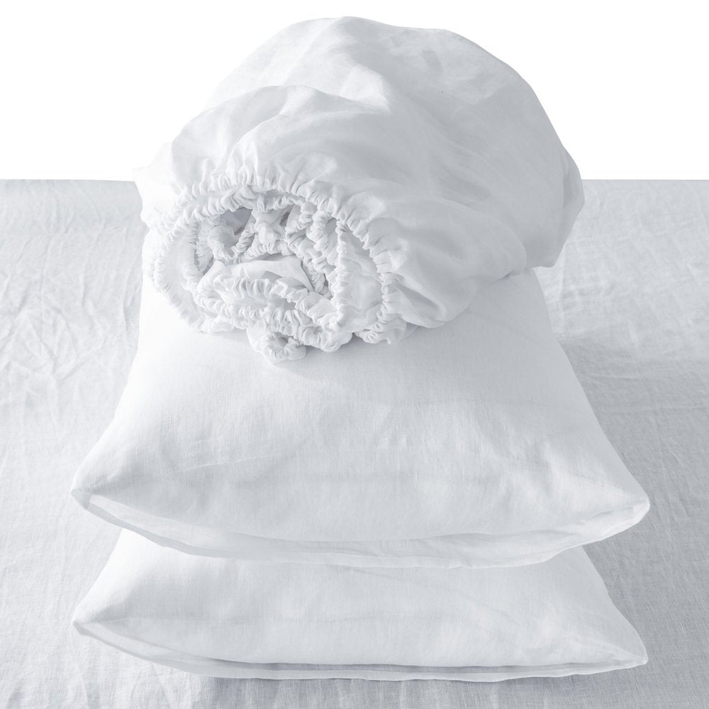 Four Piece White Linen Queen Sheet Set  Warm Home View