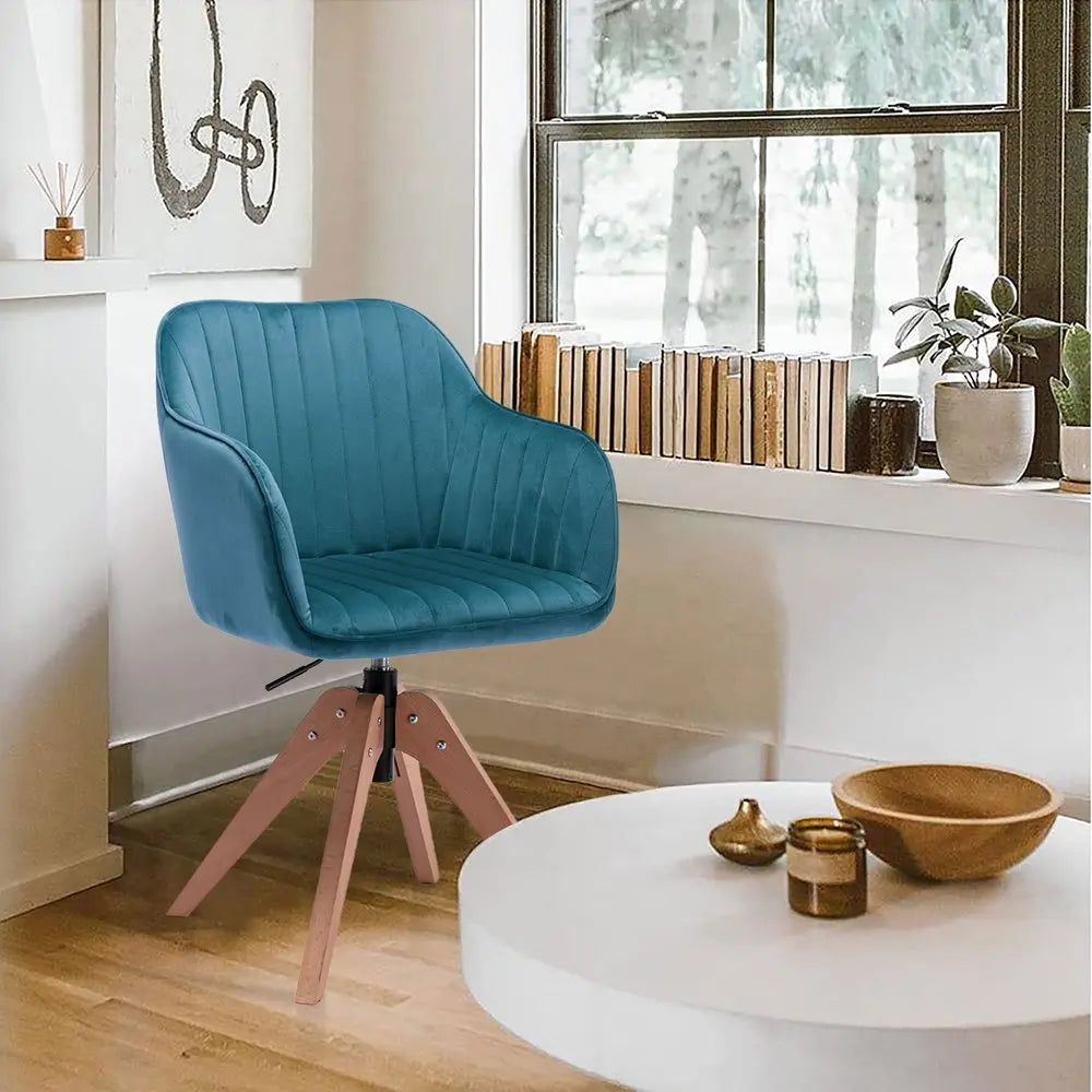 Tufted Velvet Dining Arm Chair Teal Blue & Natural 1-Piece  Warm Home View