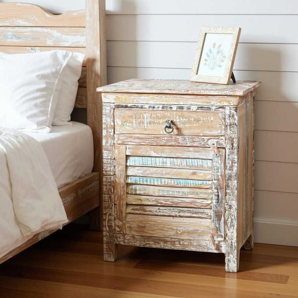 30" White Solid Wood Distressed One Drawer Nightstand  Warm Home View