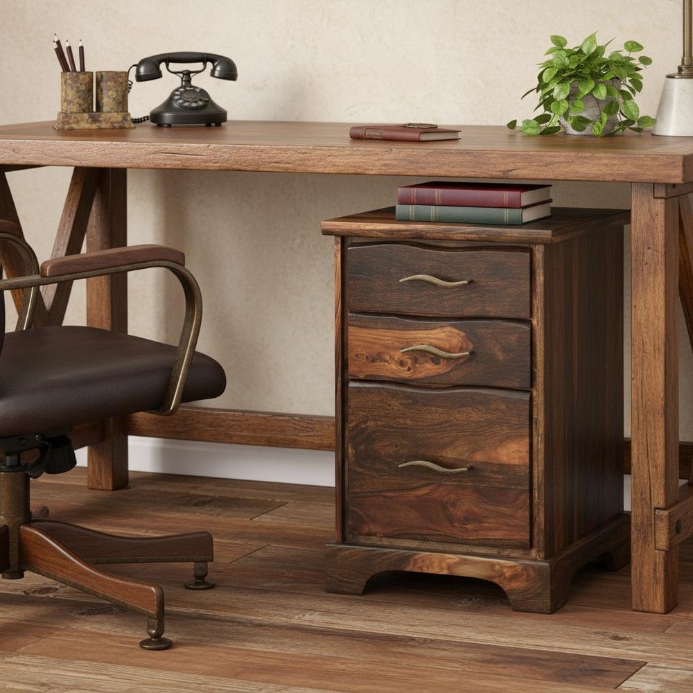 30" Dark Brown Solid Wood Three Drawer Live Edge Filing Cabinet  Warm Home View
