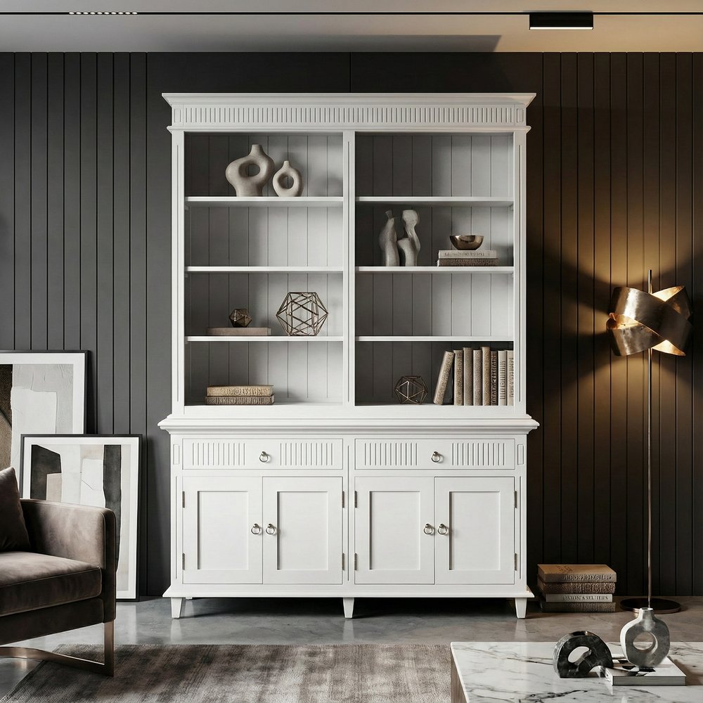 87" Antiqued White Solid Wood Four Door Two Drawer Pantry Or Storage Closet  Warm Home View