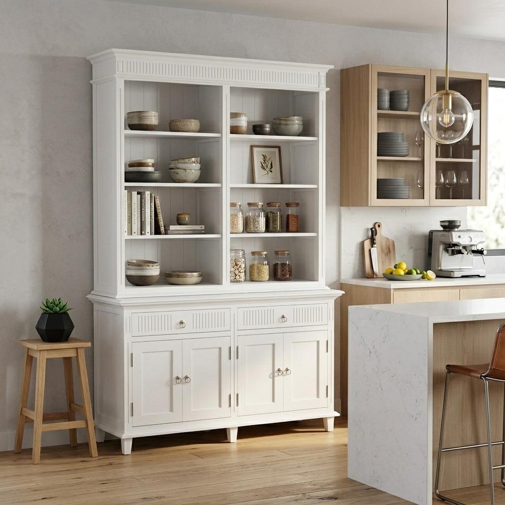 87" Antiqued White Solid Wood Four Door Two Drawer Pantry Or Storage Closet  Warm Home View