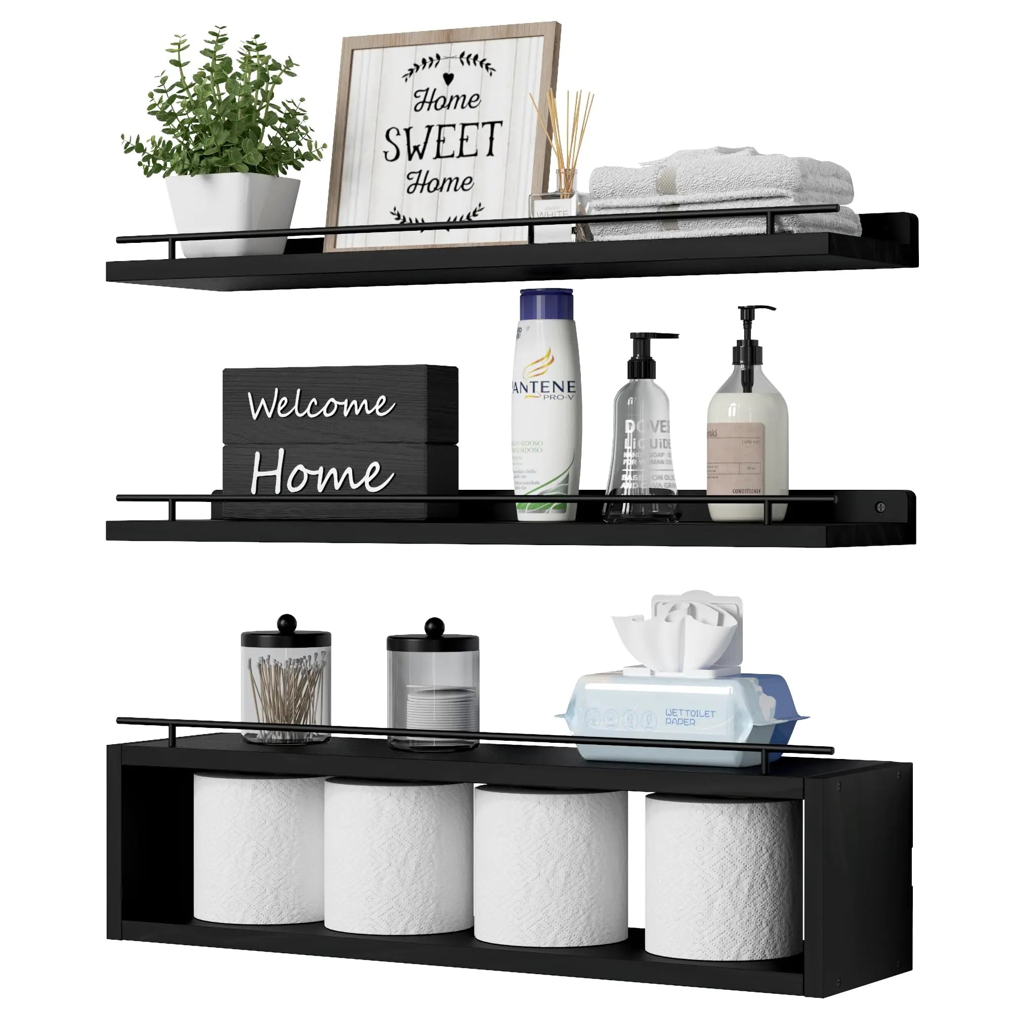 WOPITUES Floating Shelves for Wall 24 inch with Cube Shelf Wall Shelves with Metal Rail for Bathroom Decor Bathroom Organizers and Storage Over Toilet Shelves for Bathroom Toilet Paper-Black  Warm Home View