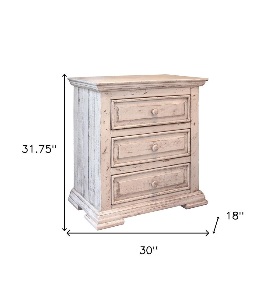 32" White Solid Wood Three Drawer Nightstand  Warm Home View