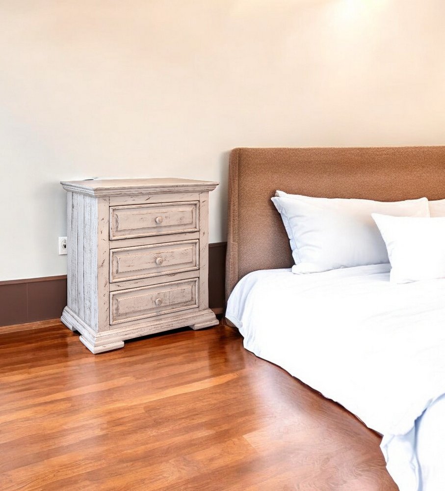 32" White Solid Wood Three Drawer Nightstand  Warm Home View