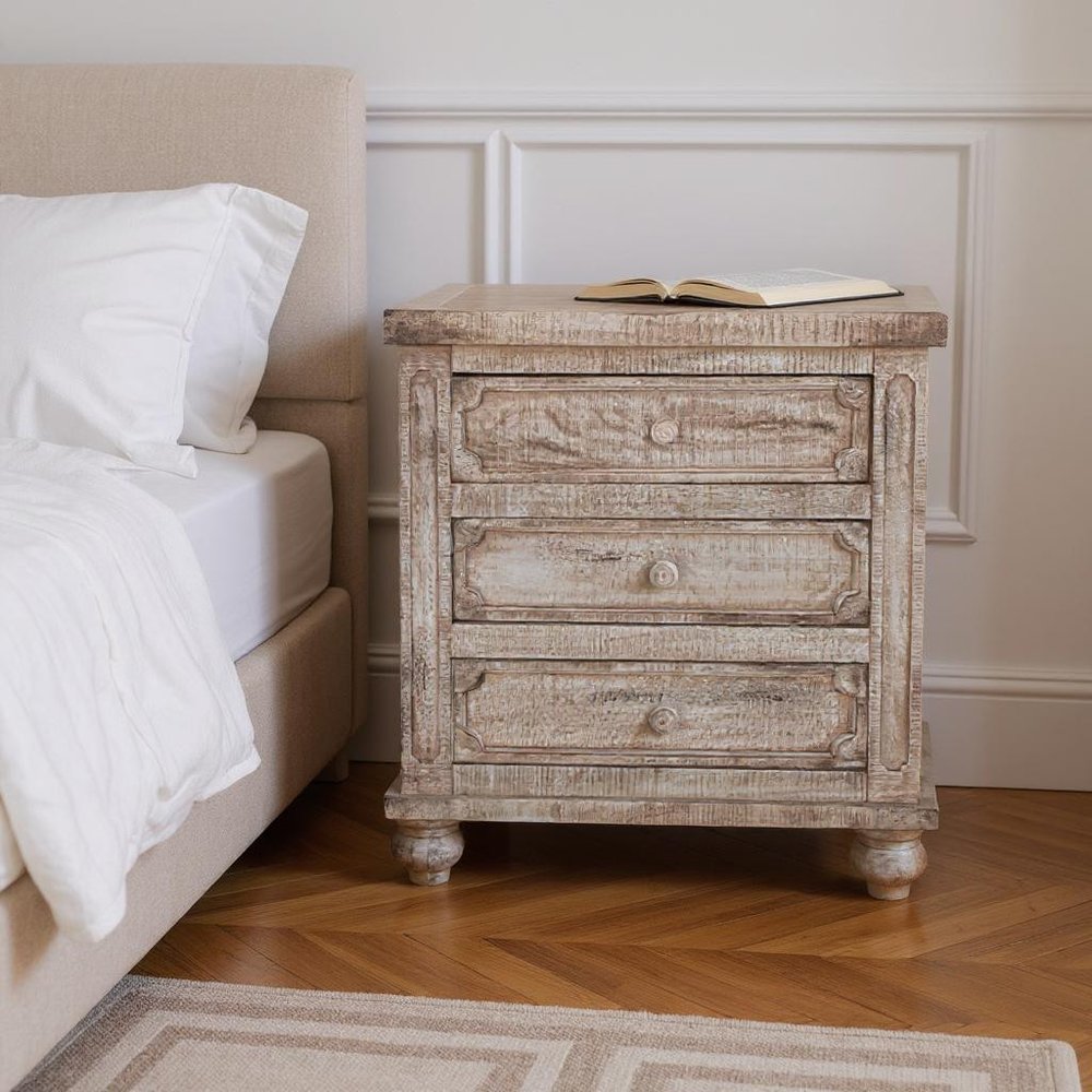 31" Brown Solid Wood Three Drawer Nightstand  Warm Home View