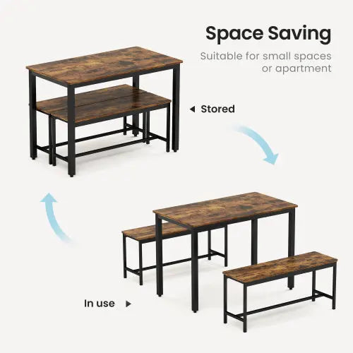 Rustic Brown Bench Dining Table Set Wood/Steel 3-Piece  Warm Home View