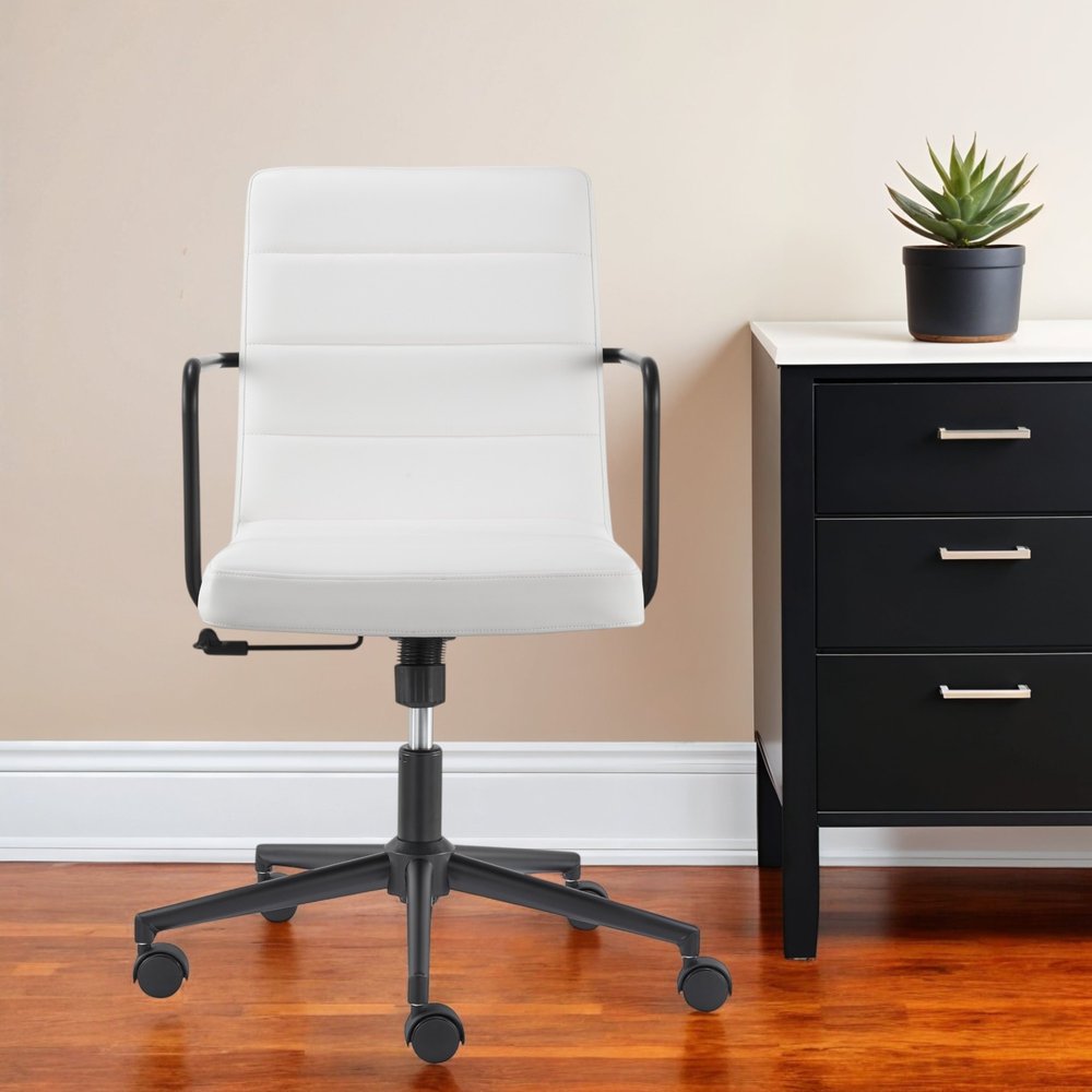 White and Black Steel and Faux Leather Adjustable Swivel Rolling Office Chair  Warm Home View