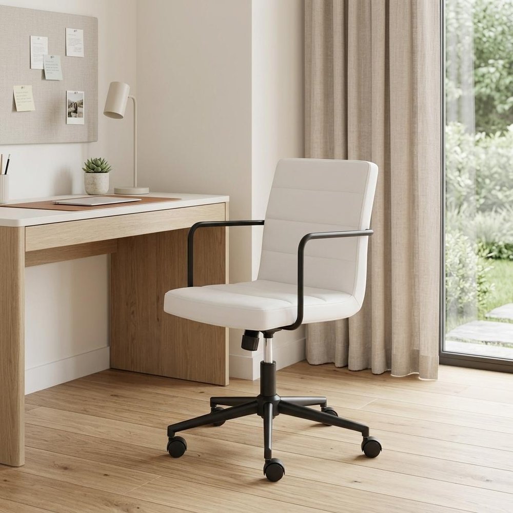 White and Black Steel and Faux Leather Adjustable Swivel Rolling Office Chair  Warm Home View