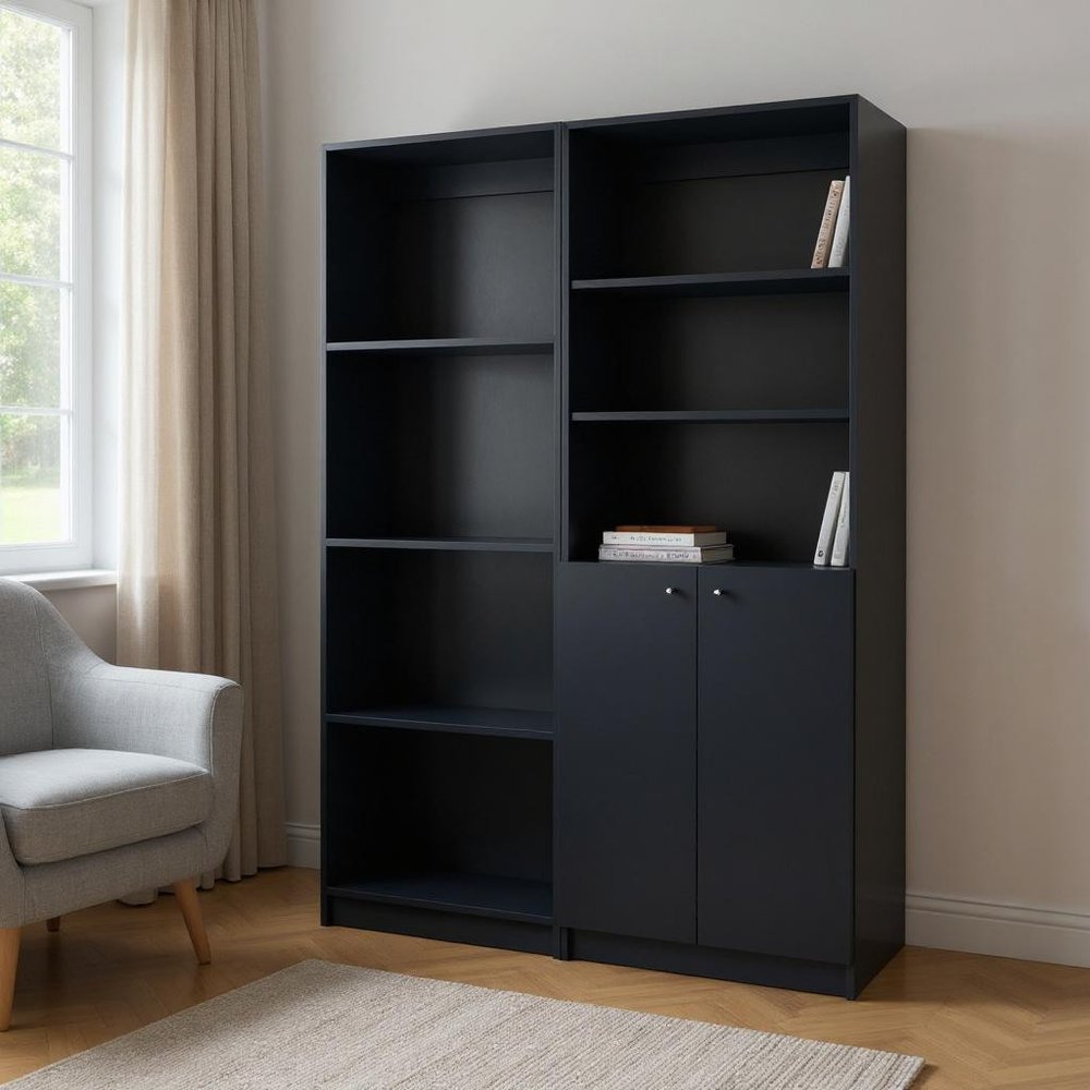 Set of Two 71" Black Bookcase With Two Doors  Warm Home View