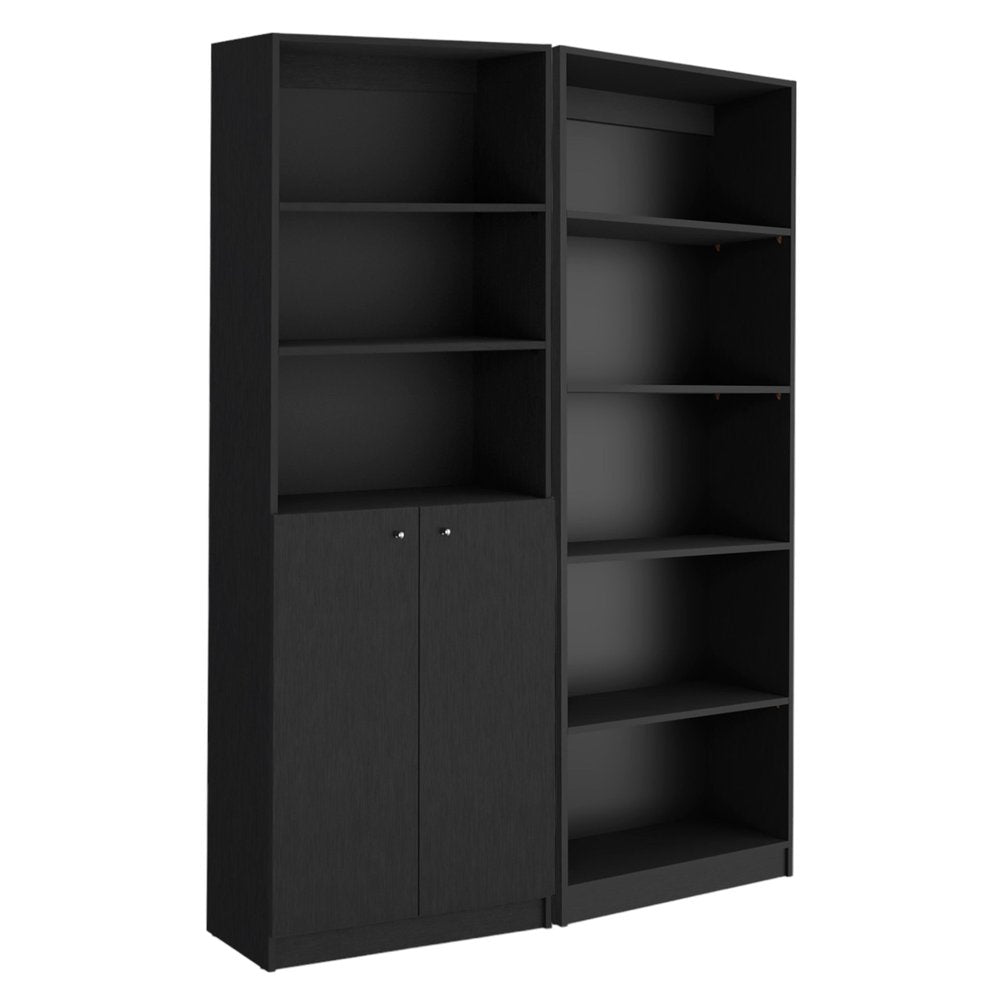 Set of Two 71" Black Five Tier Bookcase With Two Doors  Warm Home View