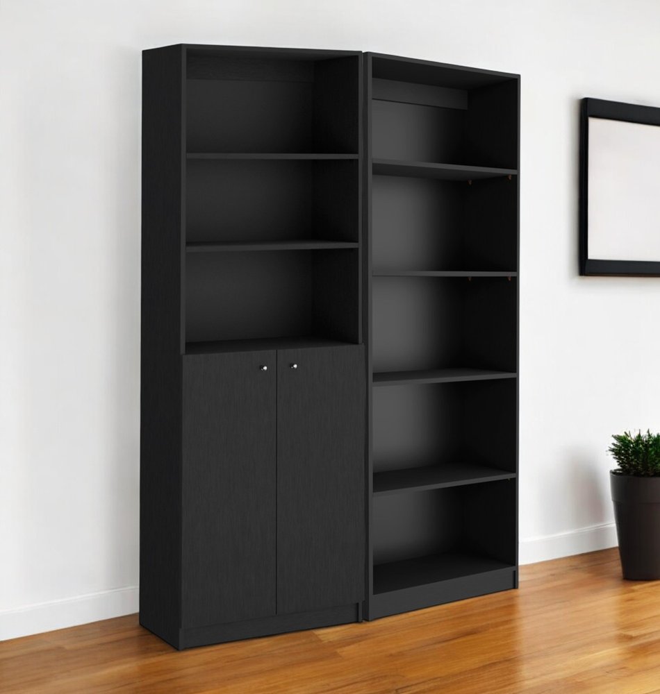 Set of Two 71" Black Five Tier Bookcase With Two Doors  Warm Home View