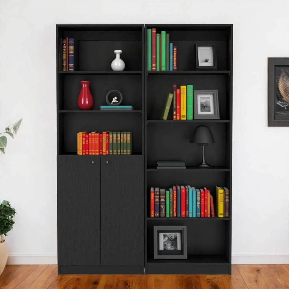 Set of Two 71" Black Five Tier Bookcase With Two Doors  Warm Home View