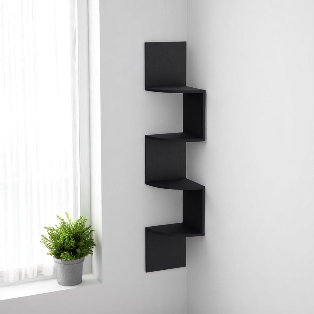 52" Black Wood Wall Mounted Corner Shelf  Warm Home View
