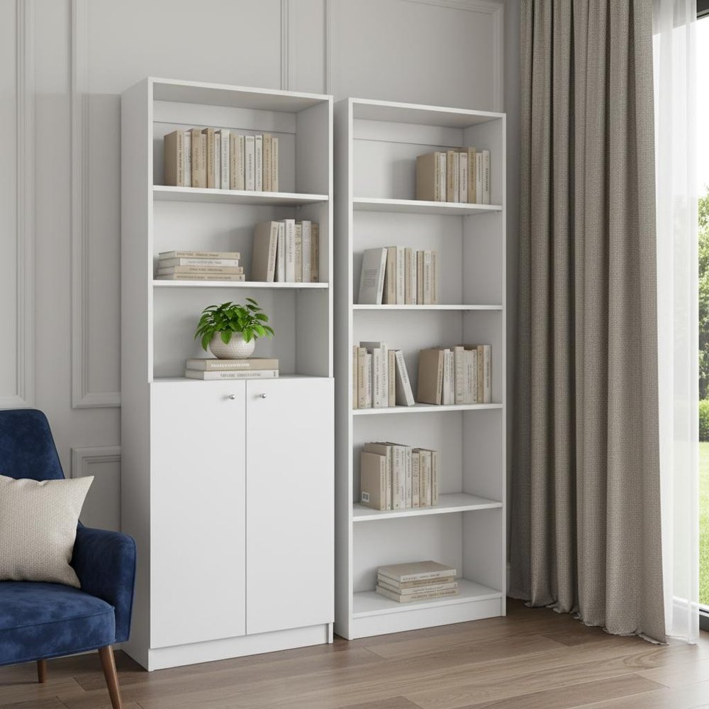 Set of Two White Wood Five Tier Modular Bookcase with Two Doors  Warm Home View