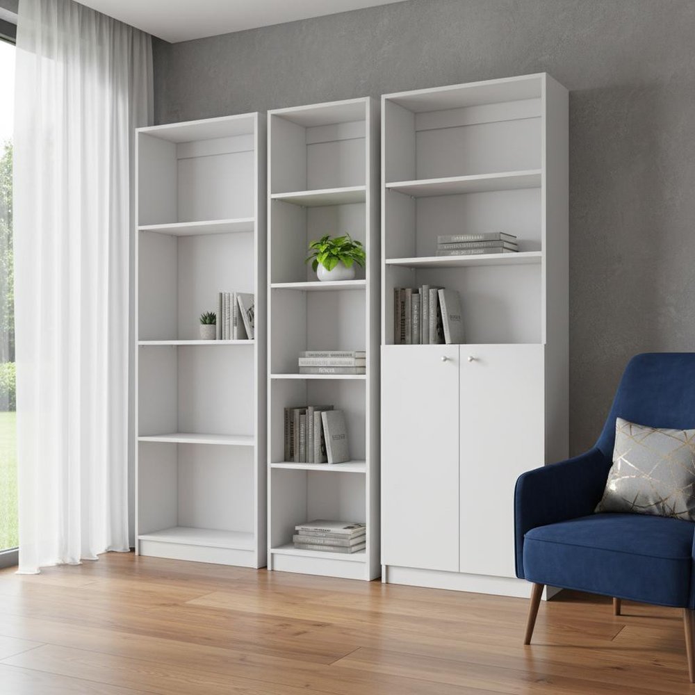 Set of Three White Wood Twelve Tier Modular Bookcase with Two Doors  Warm Home View