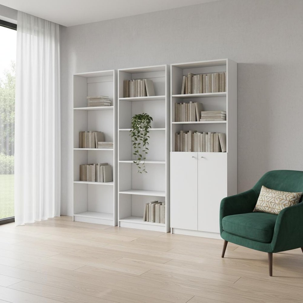 Set of Three White Wood Twelve Tier Modular Bookcase with Two Doors  Warm Home View